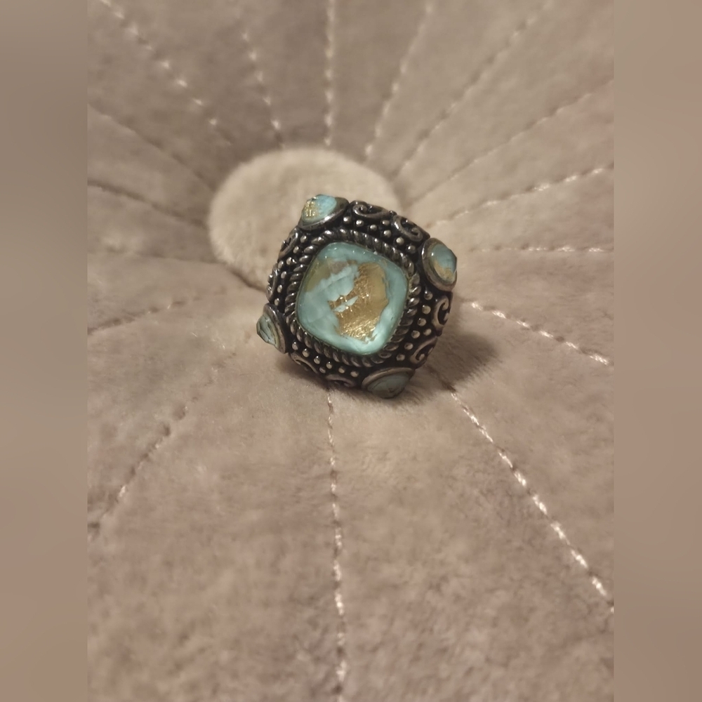 Noa 925 Turquoise gold leaf faceted quartz ladies ornate overlay ring Size 6. - Picture 2 of 4